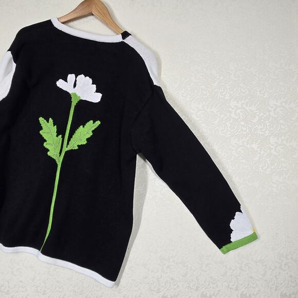 VTG Storybook Knits Cardigan Sweater sz 1X White Black Green Floral Colorblock - Picture 10 of 15